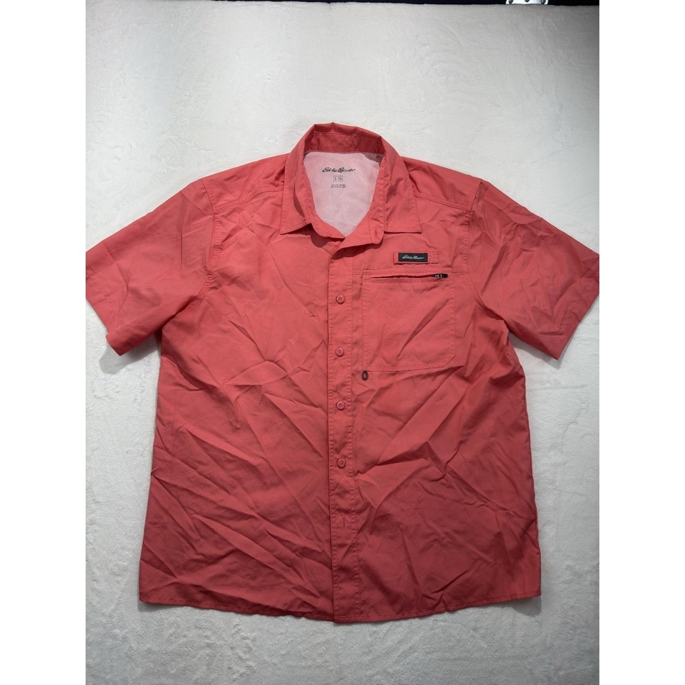 Eddie‎ Bauer Shirt Mens Large Pink Short Sleeve Button Front Fishing Vented